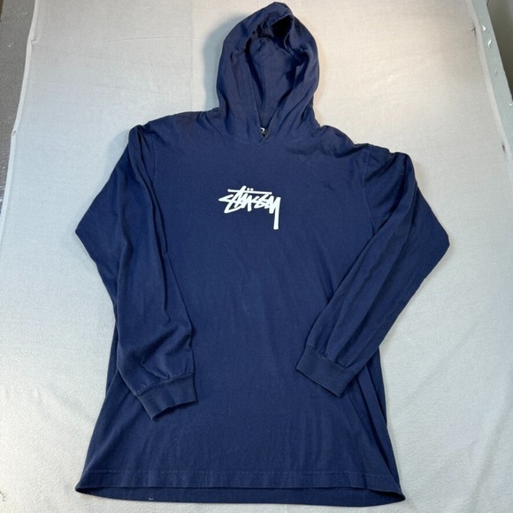 Stussy‎ Hoodie Large Blue Center Spell out Sweater Mens - Picture 1 of 13